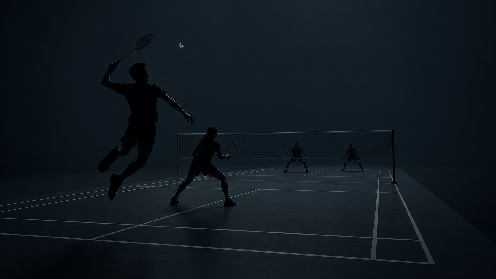 Four silhouetted badminton players competing two versus two on court
